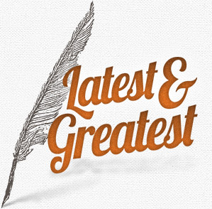 Latest @ Greatest text overlapping a sketch of a feather
